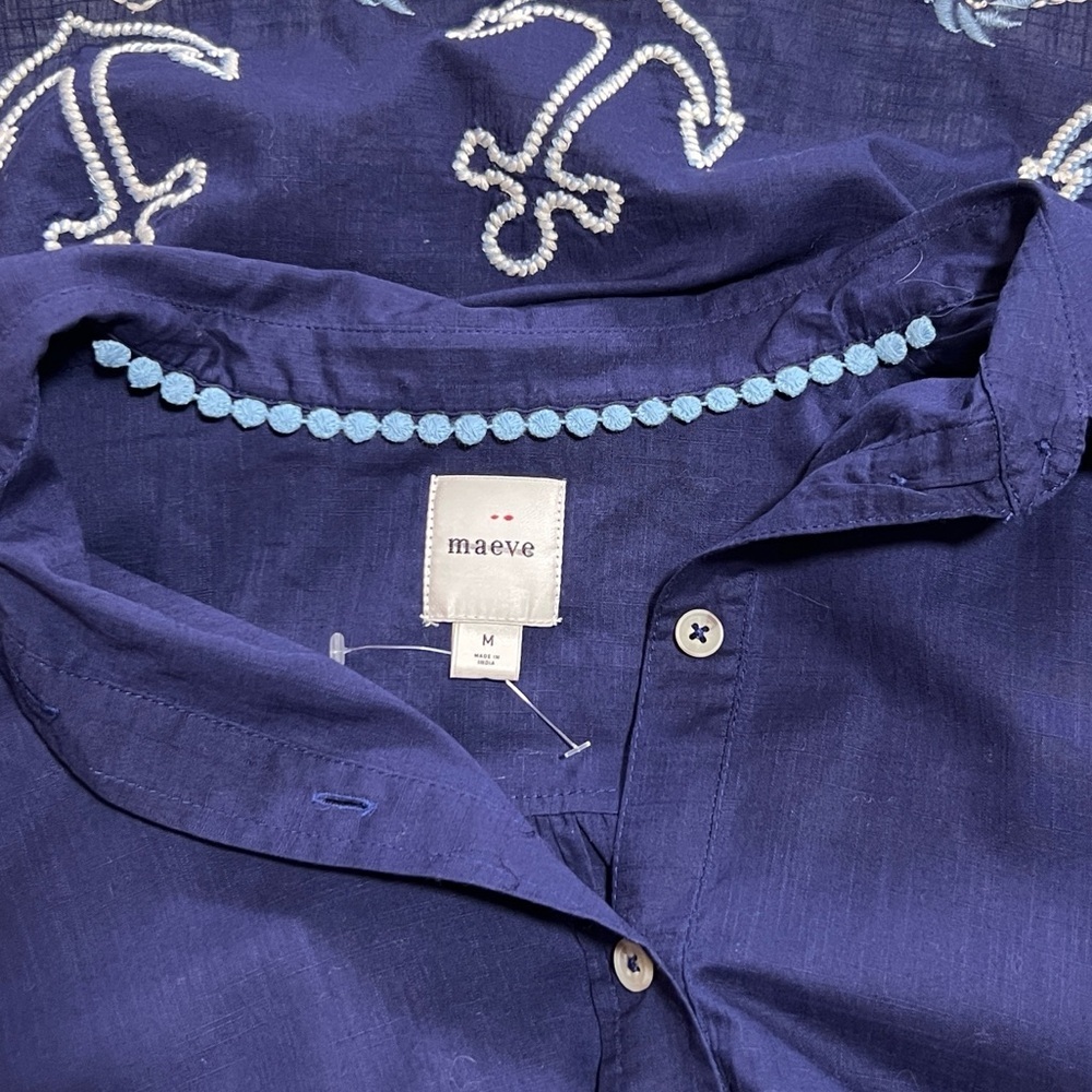 Anthropologie Maeve Henrietta Buttondown Surf Shirt Embroidered Anchor - Picture 10 of 11